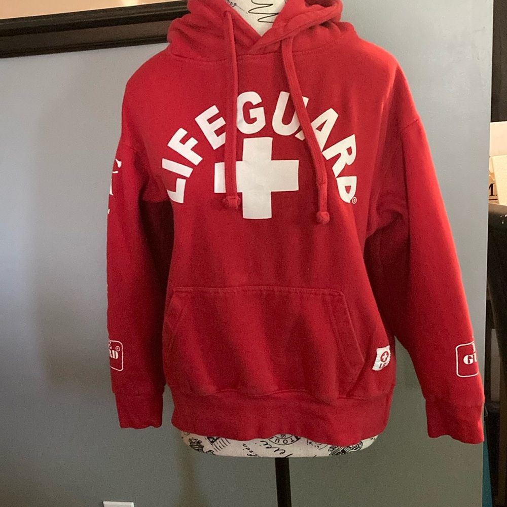 Red Lifeguard Sweater with Hood and Emblem